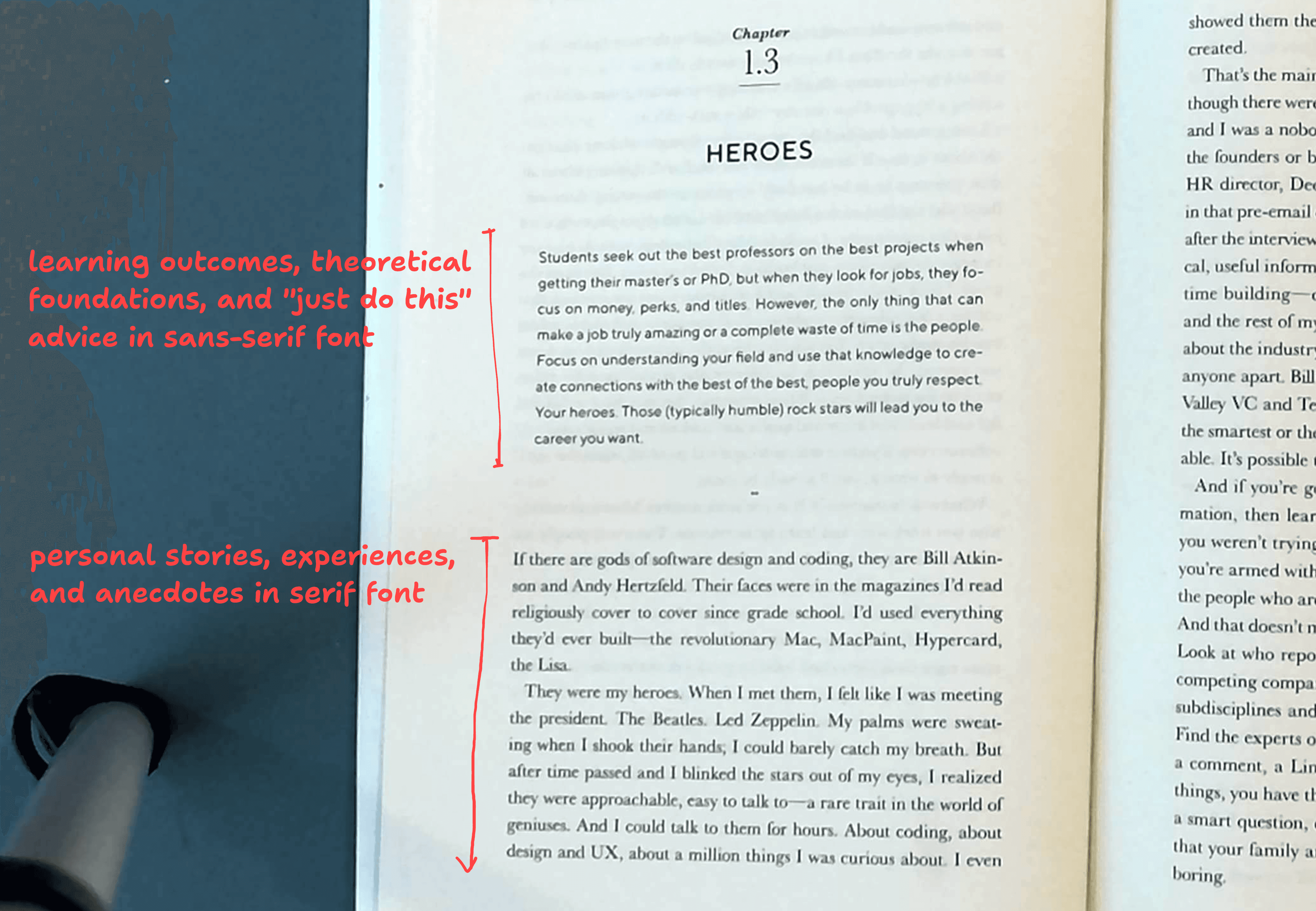 An 'inverted' example from Tony Fadell's Build, where the bulk of the book is biographical, but still usually visually distinctive typography to separate the author's story (serif font) from the author's advice (sans-serif).