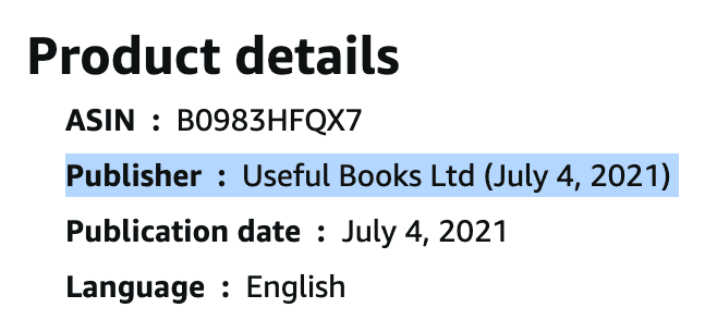 screenshot from amazon of product details, publisher: Useful Books Ltd
