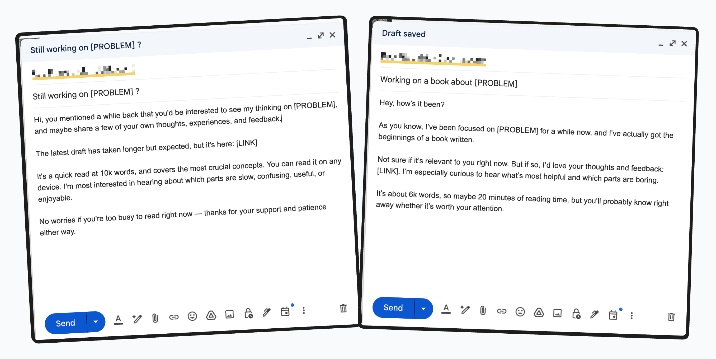sample beta reader invitation emails (full text below)