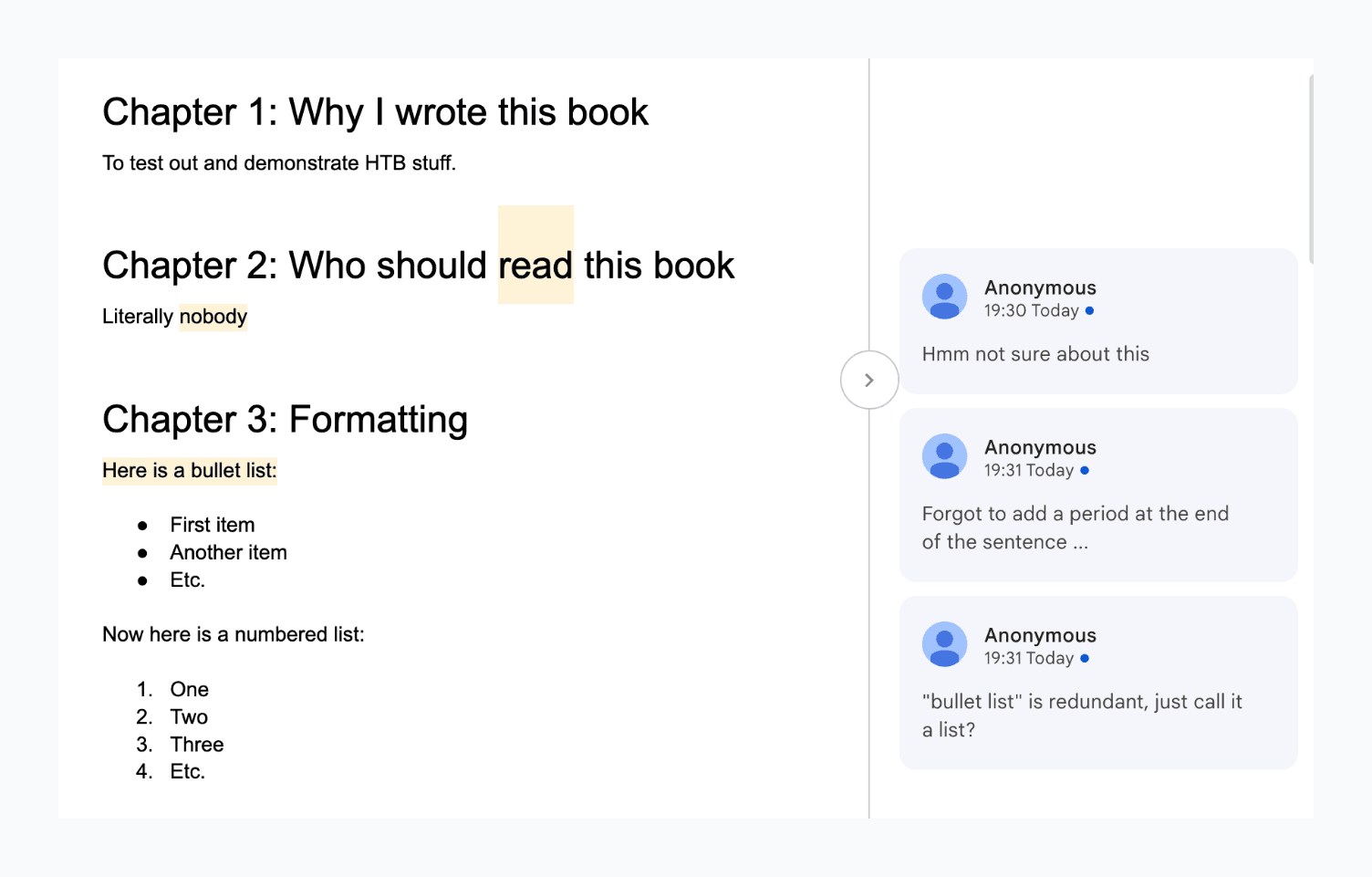 screenshot of Google Docs with a few comments, some not entirely helpful